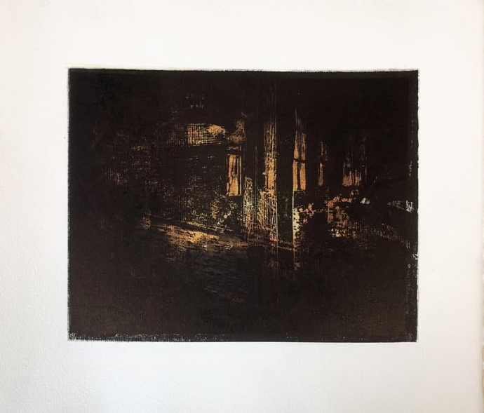 Lorsque que les champs brûlent ​2022, impression laser et gravure sur bois, papier Johannot, 25 x 50 cm