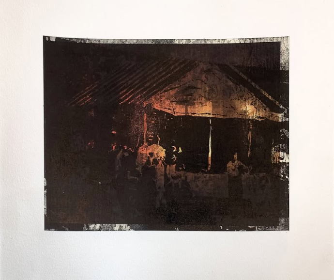 Lorsque que les champs brûlent ​2022, impression laser et gravure sur bois, papier Johannot, 25 x 50 cm