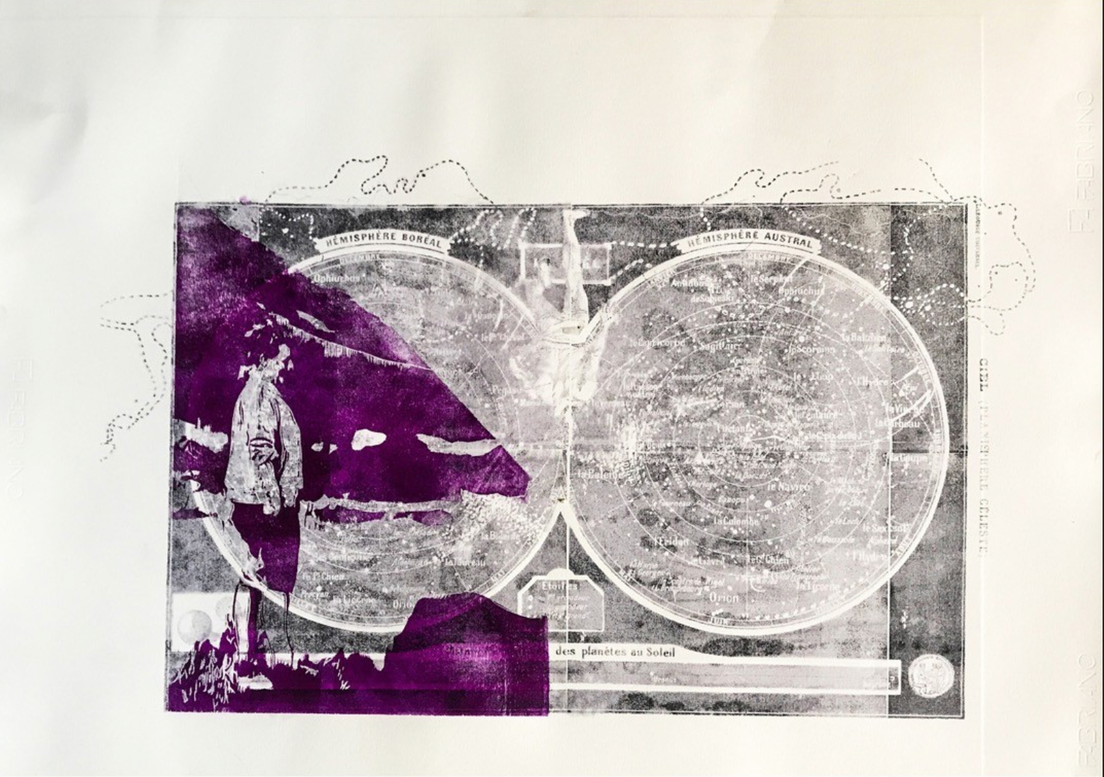 "Vandale se prépare pour le grand départ". Transfert, xylogravure, sur papier Fabrinao (Rosapina) 220 gr.50 x 70 cm